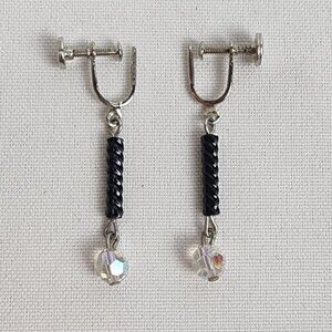 Vintage Silver Tone AB Crystal Drop Clip On Earrings